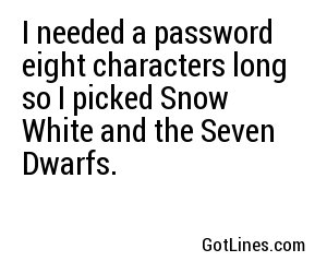I needed a password eight characters long so I picked Snow White and the Seven Dwarfs.
