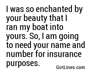I was so enchanted by your beauty that I ran my boat into yours. So, I am going to need your name and number for insurance purposes.