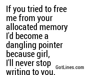 If you tried to free me from your allocated memory I'd become a dangling pointer because girl, I'll never stop writing to you.