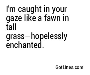 I'm caught in your gaze like a fawn in tall grass—hopelessly enchanted.