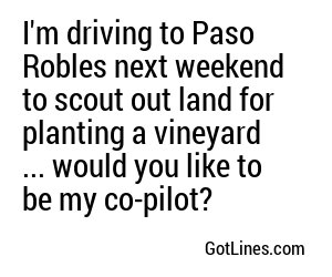 I'm driving to Paso Robles next weekend to scout out land for planting a vineyard ... would you like to be my co-pilot?
