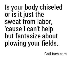 Is your body chiseled or is it just the sweat from labor, 'cause I can't help but fantasize about plowing your fields.