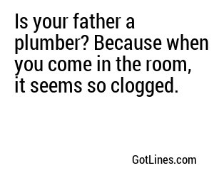 Is your father a plumber? Because when you come in the room, it seems so clogged.
