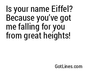 Is your name Eiffel? Because you’ve got me falling for you from great heights!