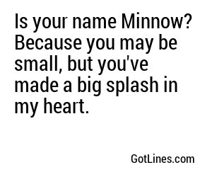 Is your name Minnow? Because you may be small, but you've made a big splash in my heart.
