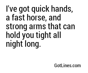 I've got quick hands, a fast horse, and strong arms that can hold you tight all night long.
