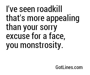 I've seen roadkill that's more appealing than your sorry excuse for a face, you monstrosity.
