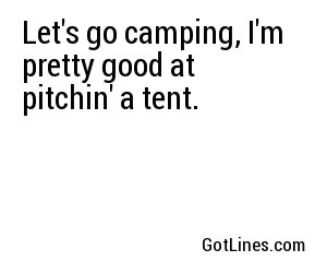 Let's go camping, I'm pretty good at pitchin' a tent.
