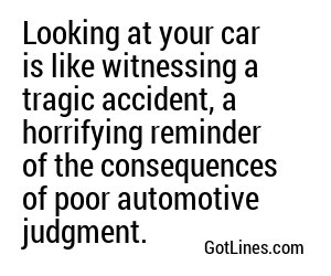 Looking at your car is like witnessing a tragic accident, a horrifying reminder of the consequences of poor automotive judgment.
