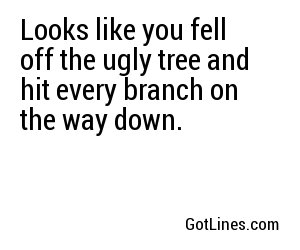 Looks like you fell off the ugly tree and hit every branch on the way down.