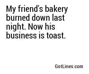 My friend's bakery burned down last night. Now his business is toast.
