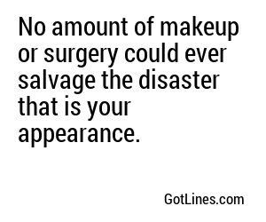 No amount of makeup or surgery could ever salvage the disaster that is your appearance.
