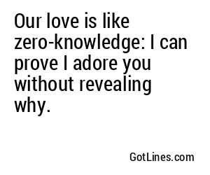 Our love is like zero-knowledge: I can prove I adore you without revealing why.