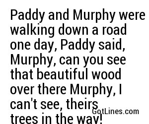 Paddy and Murphy were walking down a road one day, Paddy said, Murphy, can you see that beautiful wood over there Murphy, I can't see, theirs trees in the way!
