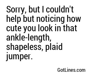 Sorry, but I couldn't help but noticing how cute you look in that ankle-length, shapeless, plaid jumper.
