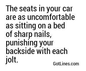 The seats in your car are as uncomfortable as sitting on a bed of nails, inflicting torture on your passengers.
