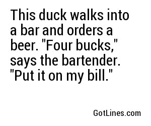 This duck walks into a bar and orders a beer. 