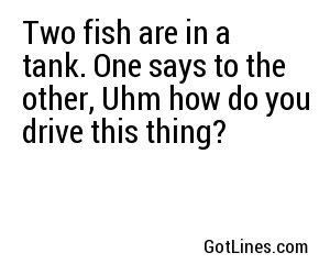 Two fish are in a tank. One says to the other, Uhm how do you drive this thing?
