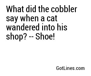 What did the cobbler say when a cat wandered into his shop? -- Shoe!