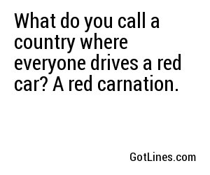 What do you call a country where everyone drives a red car? A red carnation.