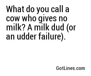 What do you call a cow who gives no milk? A milk dud (or an udder failure). 