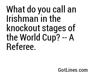 What do you call an Irishman in the knockout stages of the World Cup? -- A Referee.
