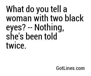 What do you tell a woman with two black eyes? -- Nothing, she's been told twice.