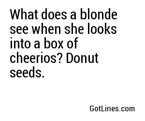 What does a blonde see when she looks into a box of cheerios? Donut seeds.