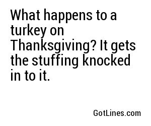 What happens to a turkey on Thanksgiving? It gets the stuffing knocked in to it.
