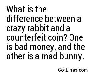 What is the difference between a crazy rabbit and a counterfeit coin? One is bad money, and the other is a mad bunny.