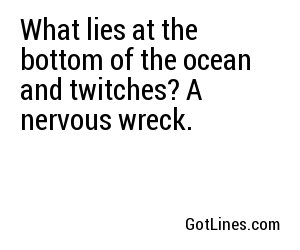 What lies at the bottom of the ocean and twitches? A nervous wreck.