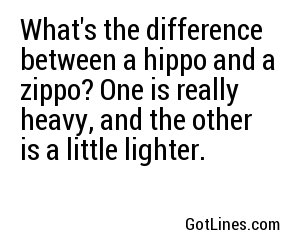 What's the difference between a hippo and a zippo? One is really heavy, and the other is a little lighter.
