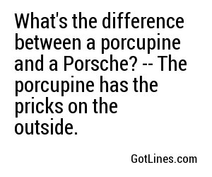 What's the difference between a porcupine and a Porsche? -- The porcupine has the pricks on the outside.