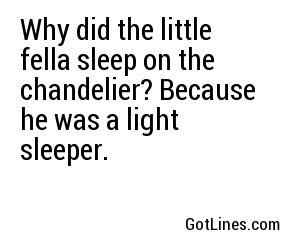 Why did the little fella sleep on the chandelier? Because he was a light sleeper.

