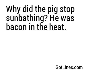 Why did the pig stop sunbathing? He was bacon in the heat.
