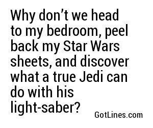 Why don’t we head to my bedroom, peel back my Star Wars sheets, and discover what a true Jedi can do with his light-saber?
