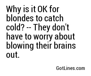 Why is it OK for blondes to catch cold? -- They don't have to worry about blowing their brains out.