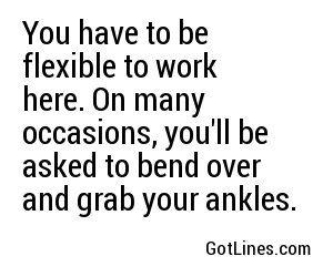 You have to be flexible to work here. On many occasions, you'll be asked to bend over and grab your ankles.