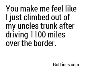 You make me feel like I just climbed out of my uncles trunk after driving 1100 miles over the border.
