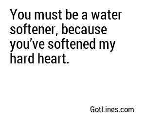 You must be a water softener, because you’ve softened my hard heart.
