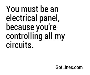 You must be an electrical panel, because you’re controlling all my circuits.
