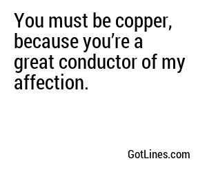 You must be copper, because you’re a great conductor of my affection.
