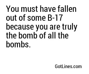 You must have fallen out of some B-17 because you are truly the bomb of all the bombs.
