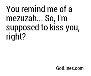 You remind me of a mezuzah... So, I'm supposed to kiss you, right?
