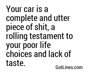 Your car is a complete and utter piece of shit, a rolling testament to your poor life choices and lack of taste.
