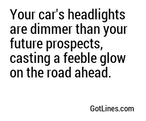 Your car's headlights are dimmer than your future prospects, casting a feeble glow on the road ahead.
