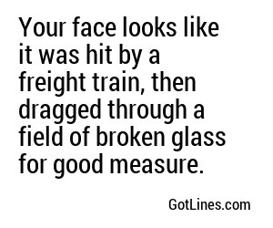 Your face looks like it was hit by a freight train, then dragged through a field of broken glass for good measure.
