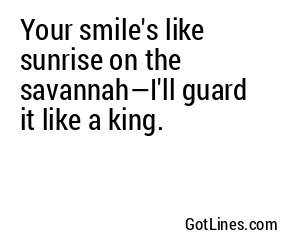Your smile's like sunrise on the savannah—I'll guard it like a king.