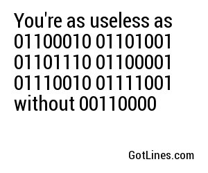 You're as useless as 01100010 01101001 01101110 01100001 01110010 01111001 without 00110000