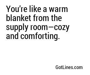 You’re like a warm blanket from the supply room—cozy and comforting.
